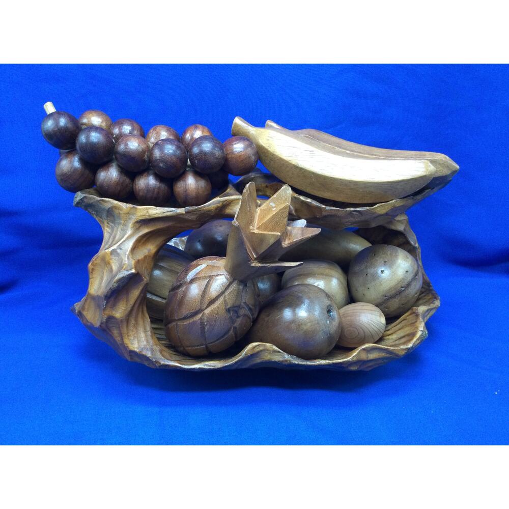 Vintage MCM Monkey Pod Wooden Fruit and Stand